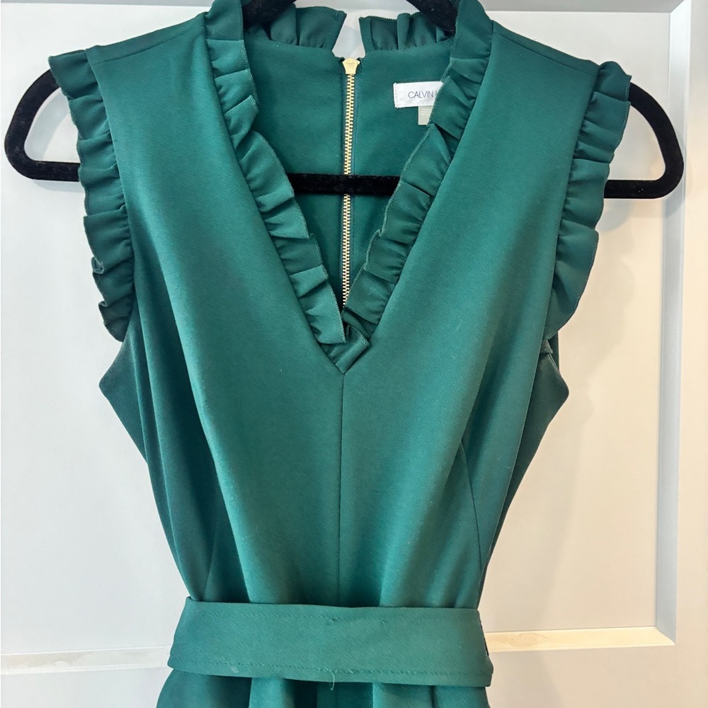 Calvin Klein Teal V-Neck Ruffle Midi Dress